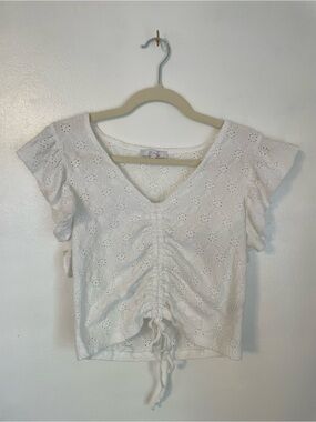 Gb fashion white eyelet top with frill sleeves and ruched tie front size medium